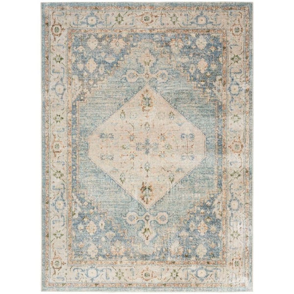 Astra Machine Washable Silver Blue 7 ft. x 9 ft. Center medallion Traditional Area Rug