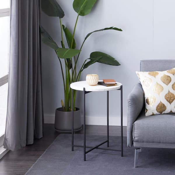 Litton Lane 18 in. Black Large Round Terrazzo End Accent Table with Marble Top