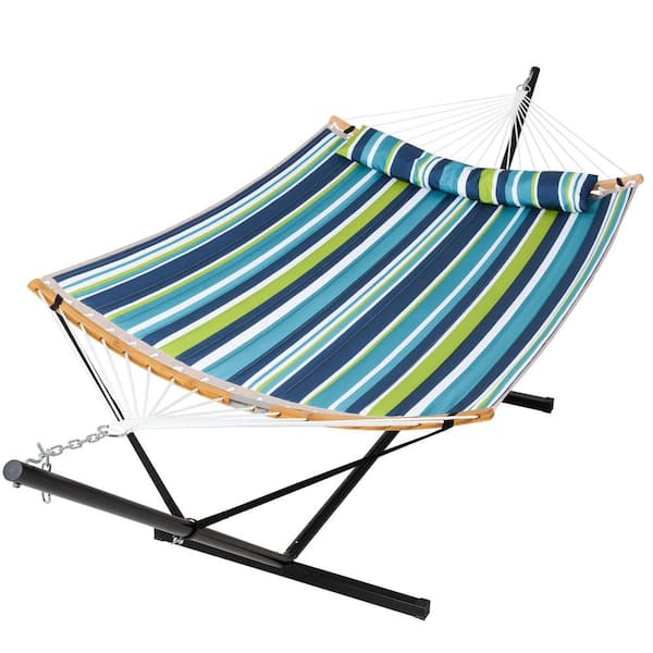 12 ft. Free Standing, 475 lbs. Capacity, Heavy-Duty 2-Person Hammock with Stand and Detachable Pillow in Sea Blue Green