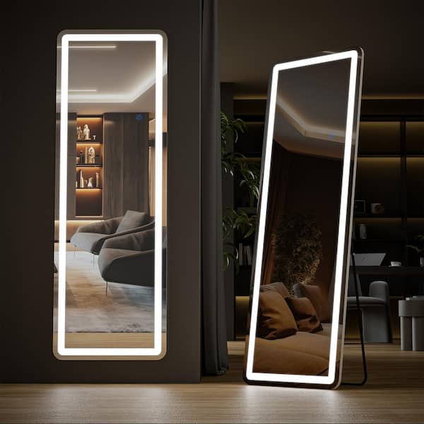 FIRNEWST 21 in. W x 64 in. H LED Light Rectangular Frameless Rounded Full Length Mirror Floor Mirror with 3 Colors