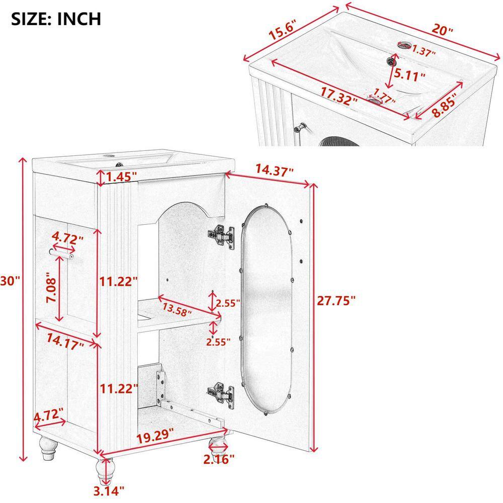 20 in. White MDF Single Sink Freestanding Bathroom Vanity with Ceramic Top