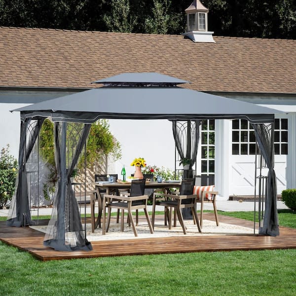 13 ft. x 10 ft. Gray Outdoor Patio Gazebo Canopy Tent with Ventilated Double Roof and Mosquito Net
