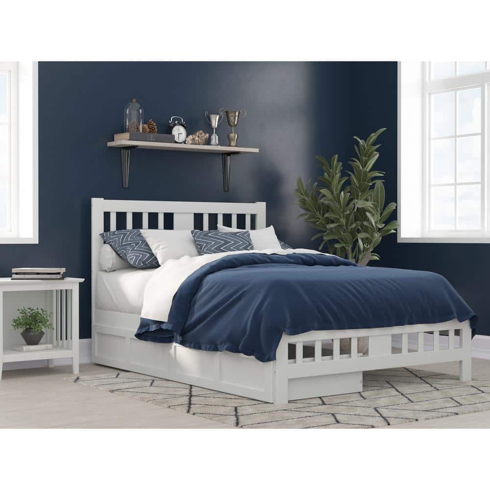 White Full Wood Bed with Headboard and 2 Drawers