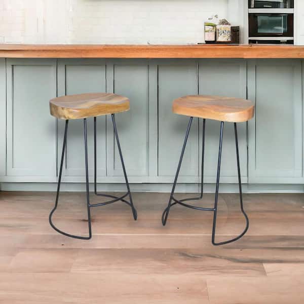 HomeRoots 25.25 in. Natural Backless Metal Counter Height Bar Chair with Wood Seat Set of 2
