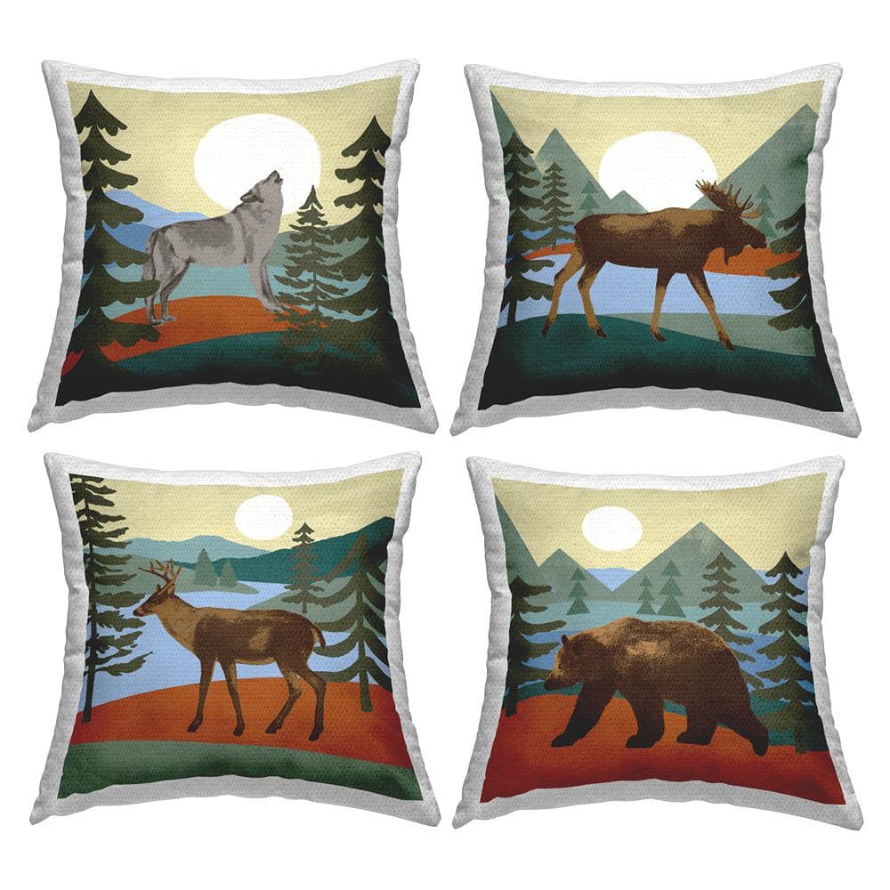 Rustic Woodland Wildlife Silhouette Square Outdoor Throw Pillow Set
