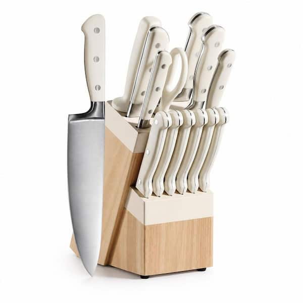 14-Piece Cream High Carbon Stainless Steel Knife Set with Block, Sharp Blade Block Knife Set