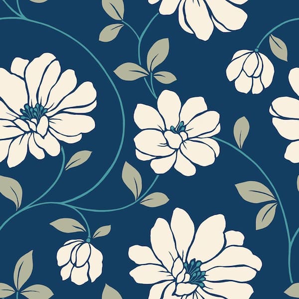 The Wallpaper Company 56 sq. ft. Cream and Blue Large Scale Retro Floral Trail Wallpaper-DISCONTINUED