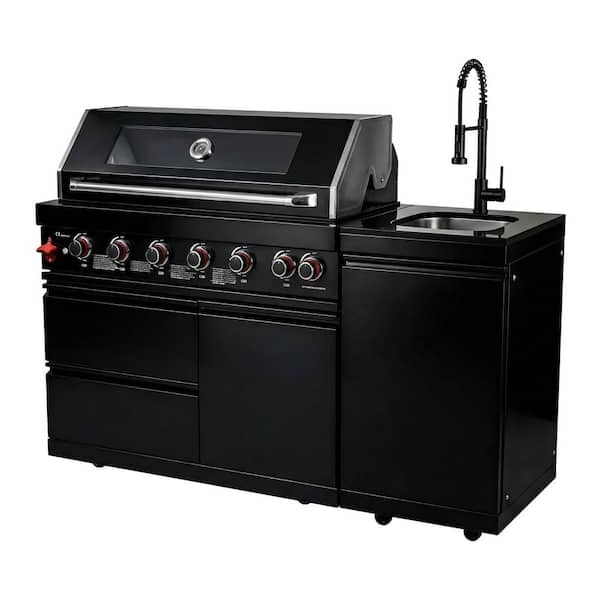 6-Burner Propane Outdoor Kitchen Grill Island with Rotisserie, Sink and Granite Countertop in Stainless Steel