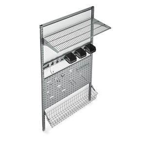 33 in. L x 63 in. H LocBoard Wall Mount Storage System with LocBoard, LocHook Asst, Wire Shelf and Basket, Hanging Bins