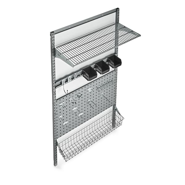 33 in. L x 63 in. H LocBoard Wall Mount Storage System with LocBoard, LocHook Asst, Wire Shelf and Basket, Hanging Bins