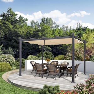 10 ft. x 12 ft. Gray Outdoor Retractable Modern Yard Metal Grape Trellis Pergola with Canopy for Garden Grill - Beige