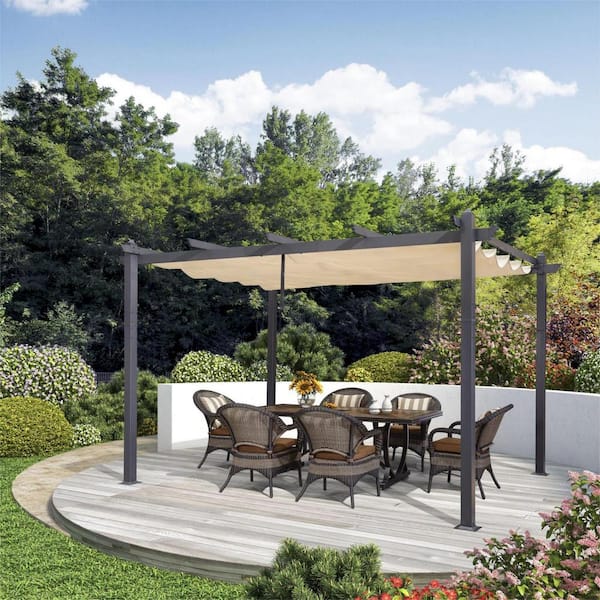 PURPLE LEAF 10 ft. x 12 ft. Gray Aluminum Frame Morden Pergola with Beige Retractable Sun Shade Canopy for Garden Grill
