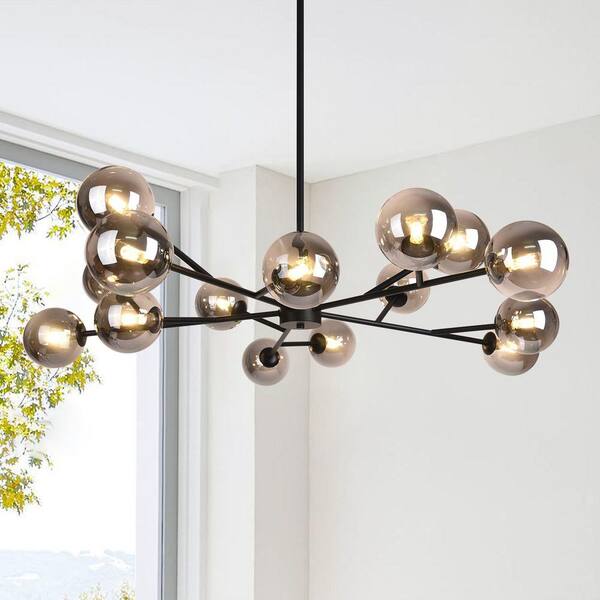 chandelierデスク HUOKU CEDER 15-Light 50.4 in. W Black Chandelier with Smoked Glass