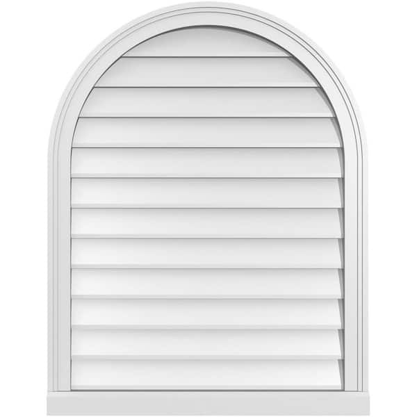 Ekena Millwork 28 in. x 36 in. Round Top Surface Mount PVC Gable Vent: Decorative with Brickmould Sill Frame