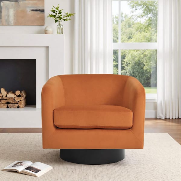 Orange Velvet Upholstered 360° Swivel Arm Barrel Chair With Wood Base(Set of 1)