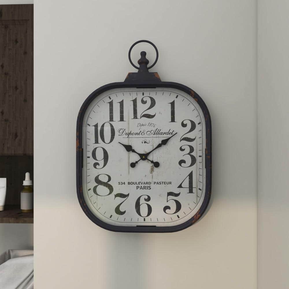 Vintage Black Metal Distressed Pocket Watch Style Wall Clock