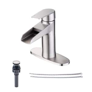 Waterfall Single-Handle Single Hole Low-Arc Bathroom Faucet with Deckplate and Drain Kit Included in Brushed Nickel