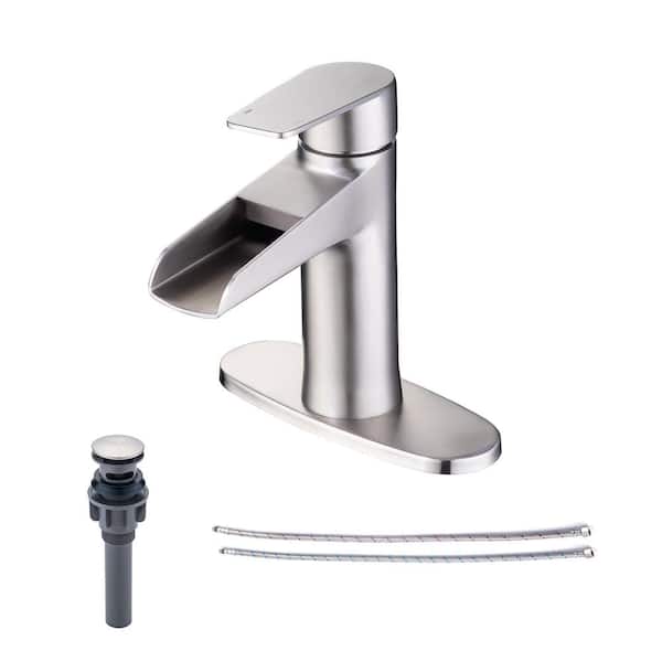 RAINLEX Waterfall Single-Handle Single Hole Low-Arc Bathroom Faucet with Deckplate and Drain Kit Included in Brushed Nickel