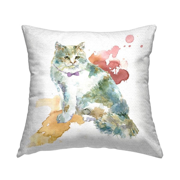 Stupell Industries Cat with Bowtie Splash Multi-Color Square Outdoor Throw Pillow