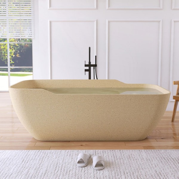 71 in. x 31.5 in. Terrazzo Stone Solid Surface Flatbottom Freestanding Soaking Bathtub in Cream (Outdoor-Compatible)