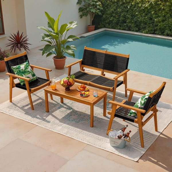 4-Piece Acacia Wood and Hand Woven Patio Conversation Seating Set, Black