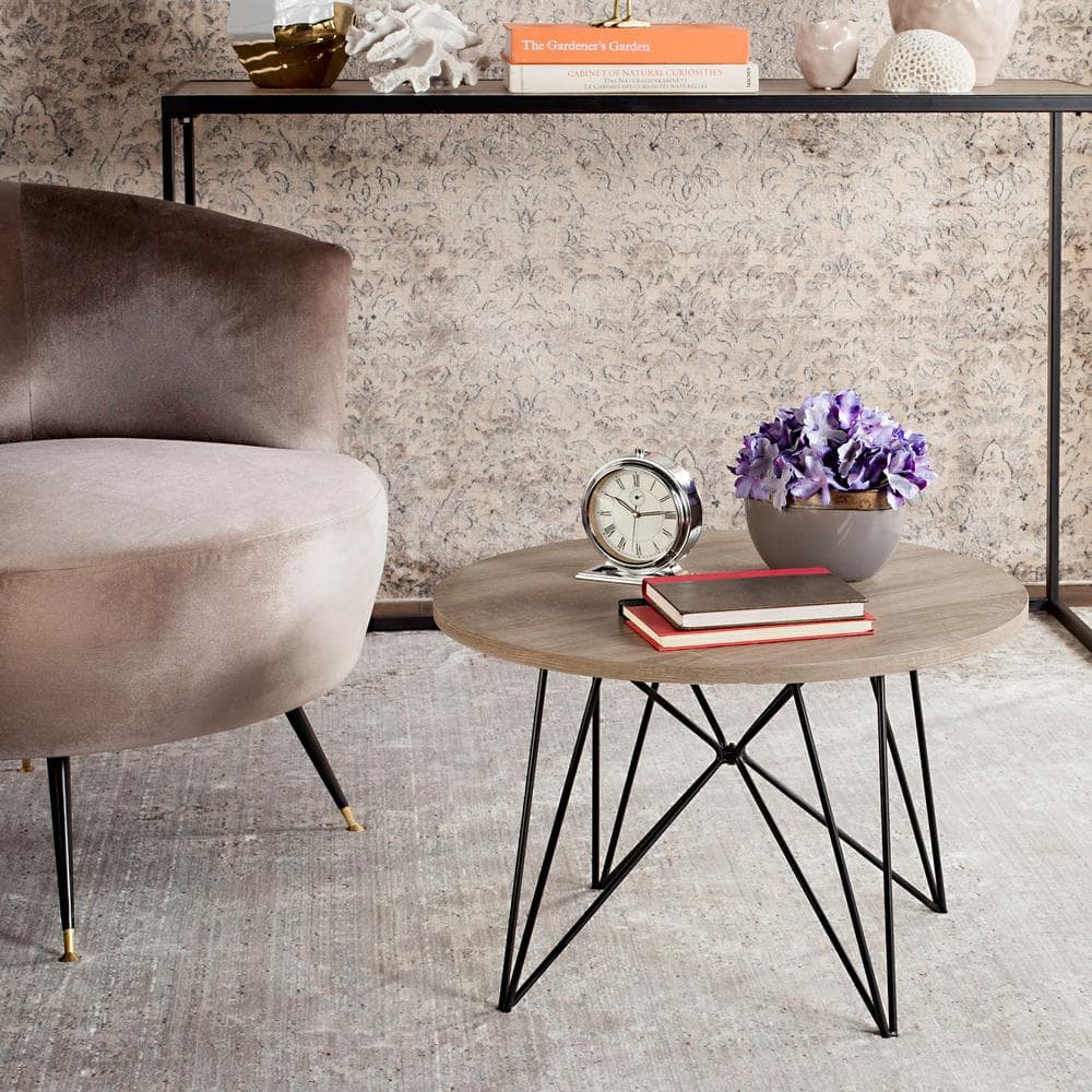 Vida 24" Round Light Brown Wood and Metal End Table