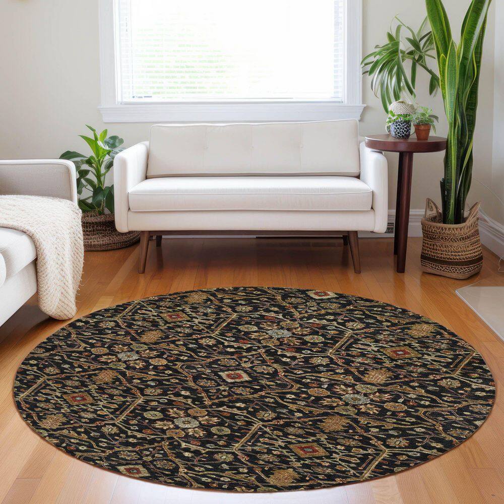 Addison Black Round Synthetic Washable 8' Rug