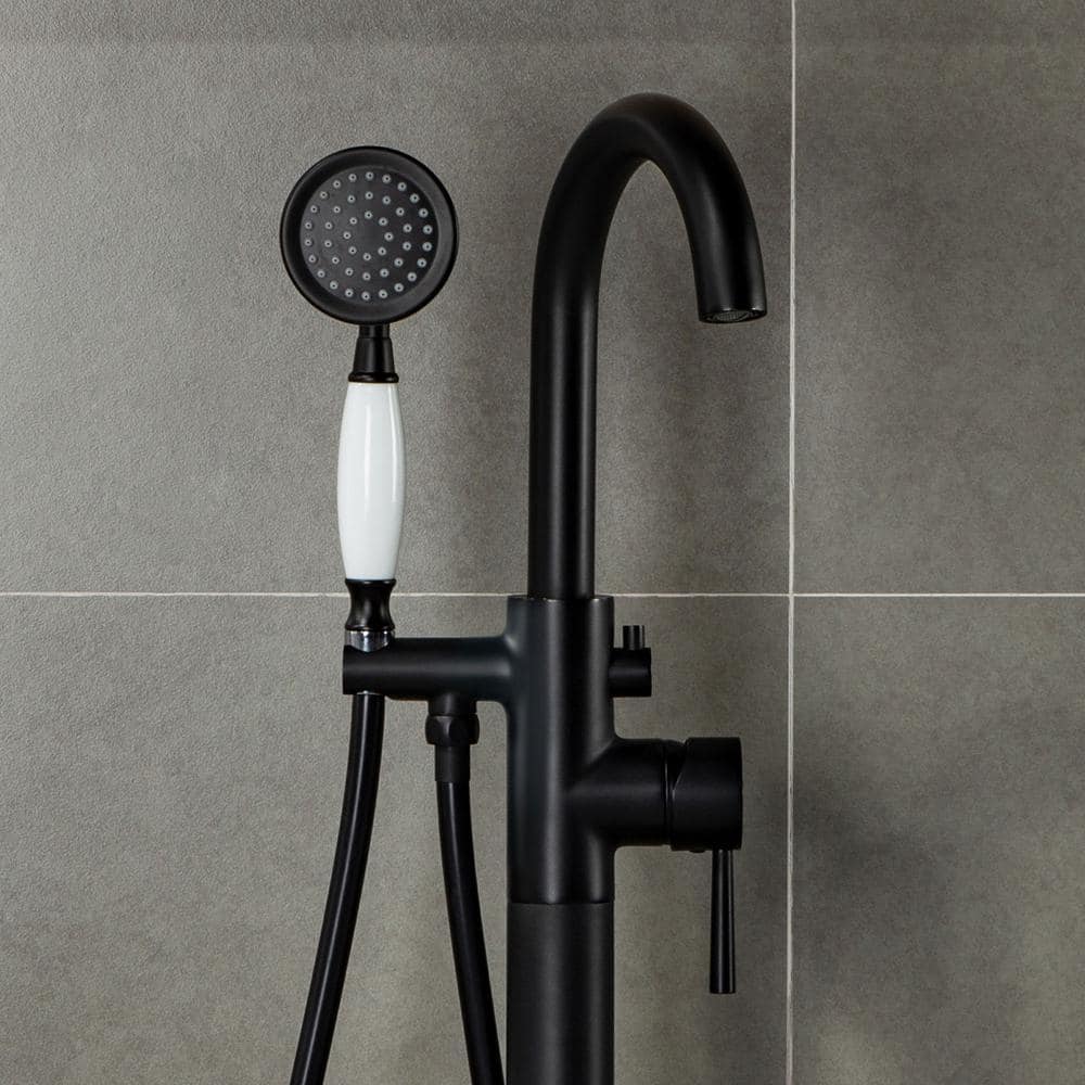 Matte Black Single Handle Floor Mounted Tub Faucet with Hand Shower