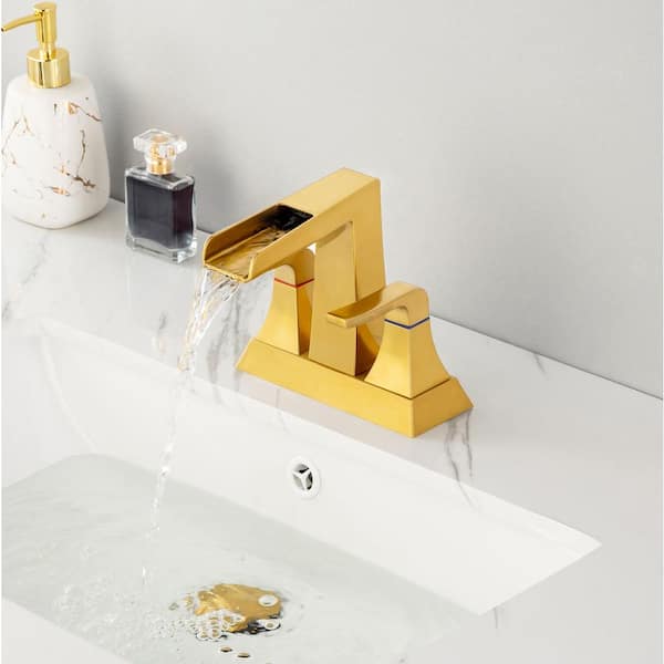 4 in. Centerset 2-Handle Lavatory Bathroom Faucet with Waterfall Spout, Drain Kit Included in Brushed Gold