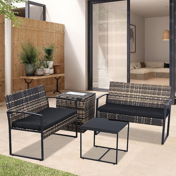 Tenleaf Natural 4-Piece PE Rattan Wicker Outdoor Conversation Loveseat Set with Black Cushions, Table and Ice Bucket Storage Box