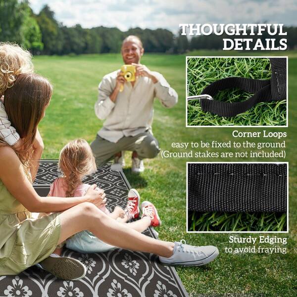 Black and Gray Gourd Border 9 ft. x 18 ft. Waterproof Plastic Straw Floor Mat Large Reversible Outdoor Rug Area Rug