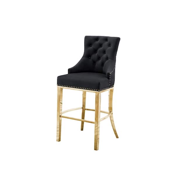 Best Quality Furniture Jennifer 24 in. H Black Velvet Upholstered Full Back Counter Height with Gold Stainless Steel Legs (Set of 2)