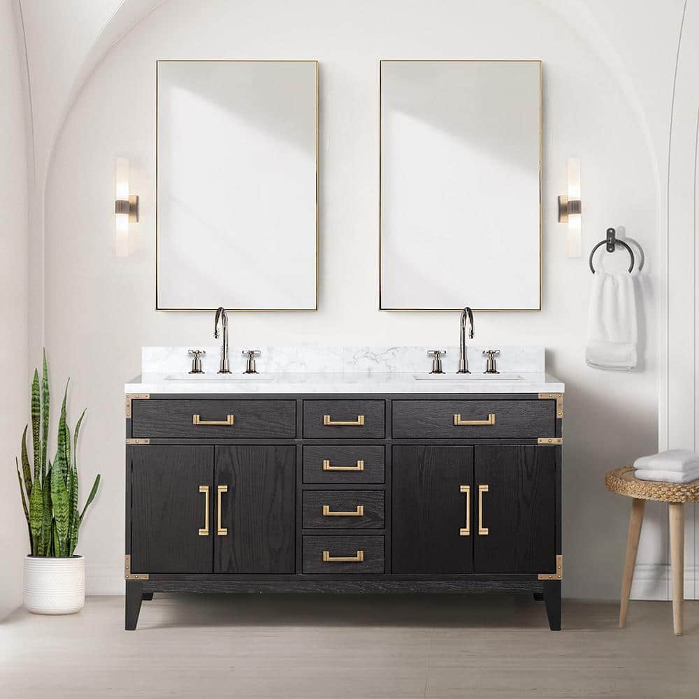 Fossa 60 in W x 22 in D Black Oak Double Bath Vanity, Carrara Marble Top, Faucet Set, and 28 in Mirrors -  Lexora, LVF60DJ111