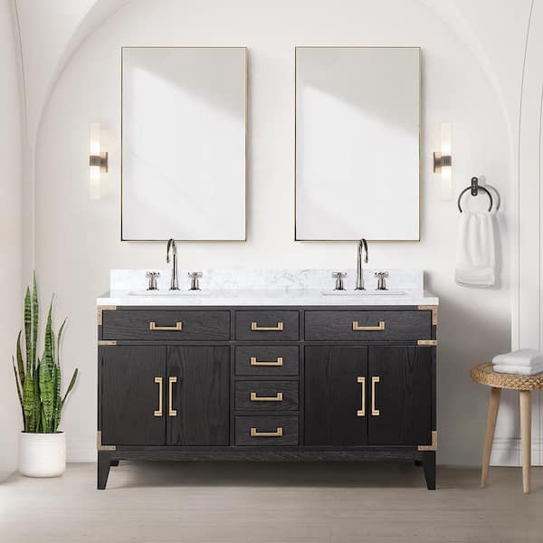 Fossa 60 in W x 22 in D Black Oak Double Bath Vanity, Carrara Marble Top, Faucet Set, and 28 in Mirrors