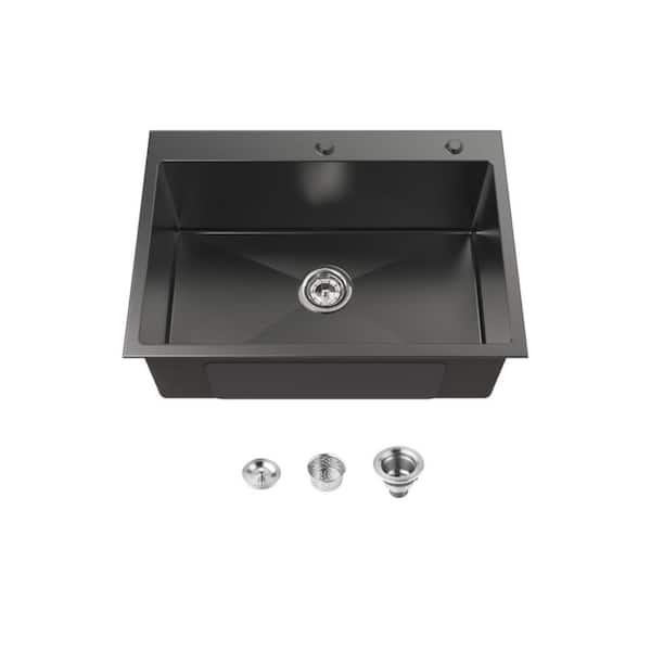 27 in. Drop-In Single Bowl 20 Gauge Black Stainless Steel Kitchen Sink with Drain and Hook