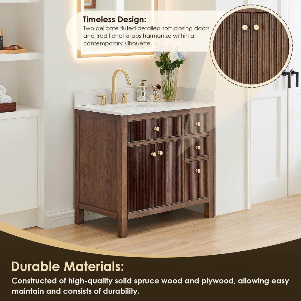 Cerrito 36" Brown Brushed Oak Vanity with White Stone Top