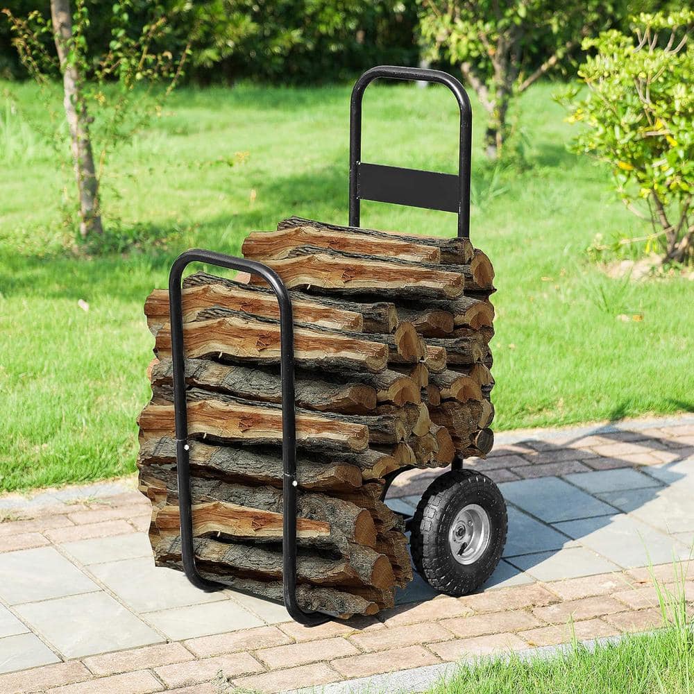 Firewood Log Caddy Portable Rack Storage Rolling Dolly Mover Wood Hauler Outdoor