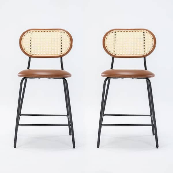 Rattan Counter Height Bar Stools With Faux Leather Seat (set of 2)