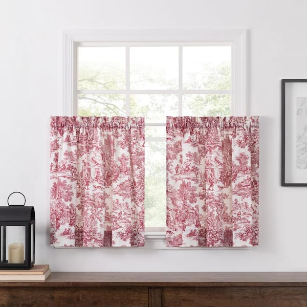 Ellis Curtain Victoria Park Red Cotton Toile Rod Pocket Light Filtering Tier Curtain - 34 in. W x 36 in. L (Set of 2)