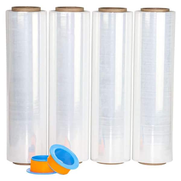 N/A 18 x 1000 Ft. Clear Stretch Wrap Roll with Plastic Handle 80 Gauge 4 Pack Self-Adhering for Shipping and Moving
