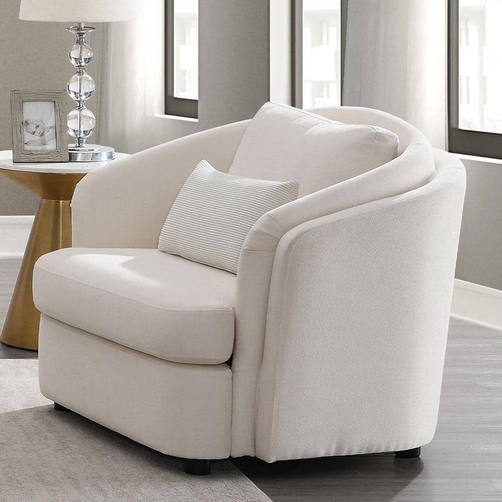 Beige Barrel Accent Chair with Wood Frame and Pillow