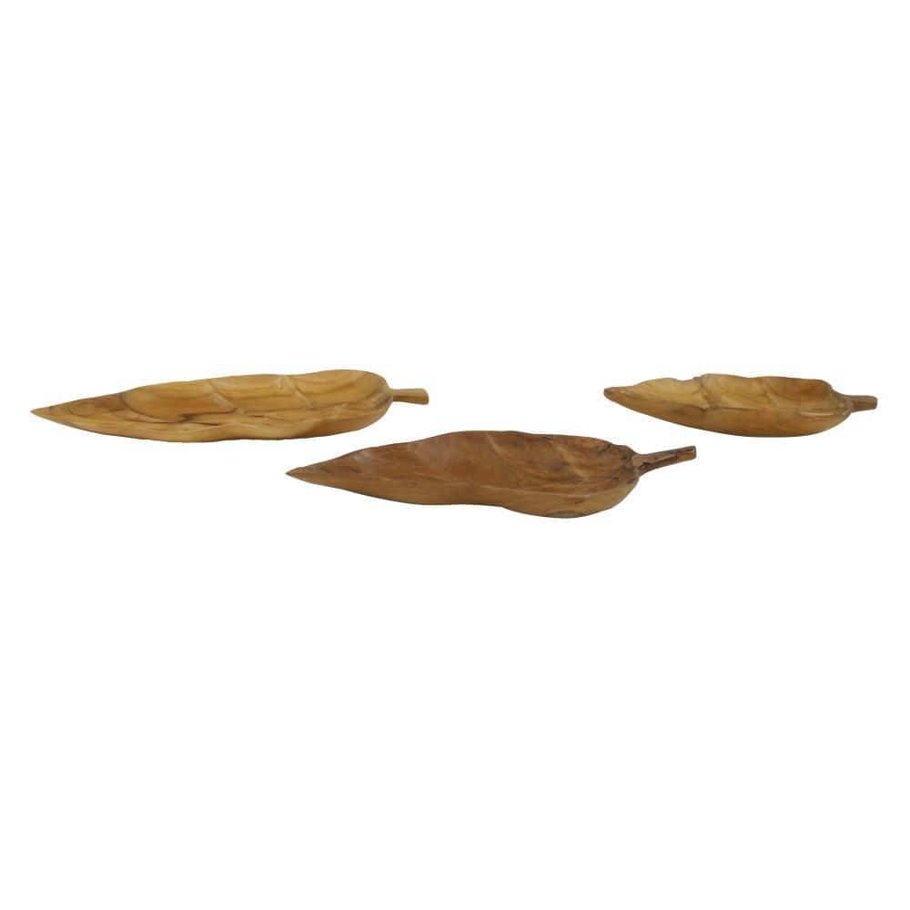 Brown Teak Wood Live Edge Leaf Tray Set of 3