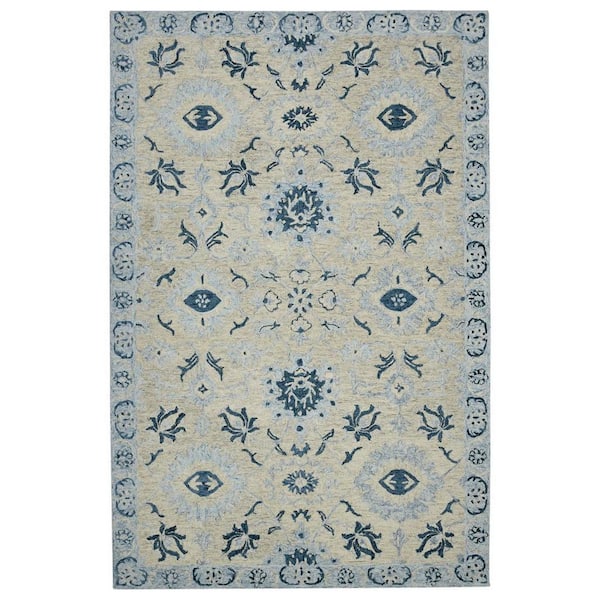 2 ft. x 3 ft. Gray Dark Blue And Light Blue Wool Floral Medallion Hand Hooked Area Rug