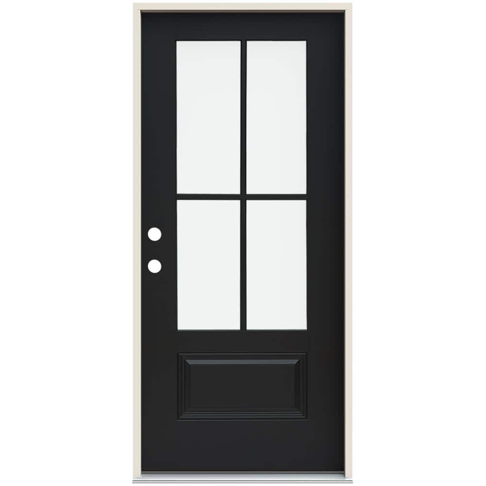 JELD-WEN 36 in. x 80 in. Right-Hand 4 Lite Clear Glass Black Painted Fiberglass Prehung Front Door with Brickmould