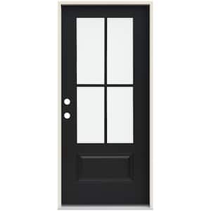 36 in. x 80 in. Right-Hand 4 Lite Clear Glass Black Painted Fiberglass Prehung Front Door with Brickmould