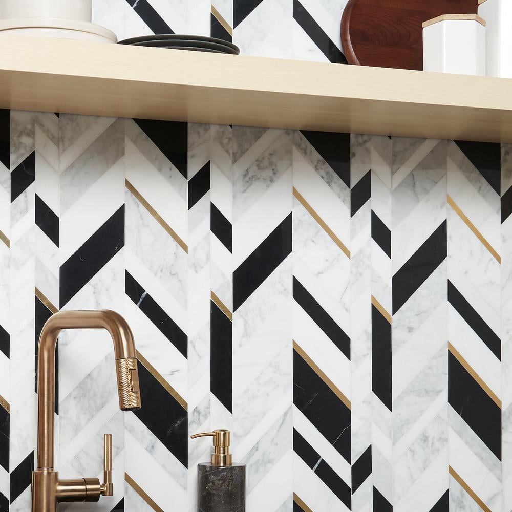 Xander Polished Marble and Brass Chevron Wall Mosaic Tile