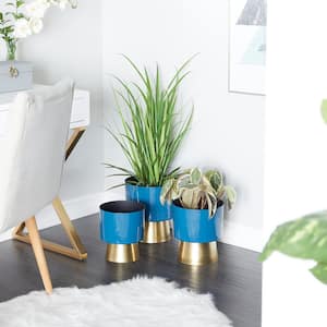 10 in., 11 in., and 9 in. Medium Blue Metal Planter with Gold Base (3- Pack)