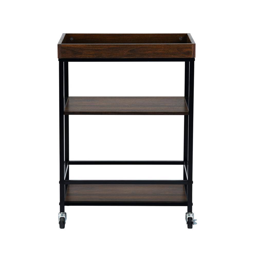 Retro Walnut and Black Rolling Serving Cart with Storage