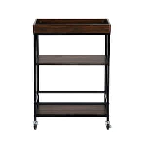 Retro Walnut and Black Rolling Serving Cart with Storage