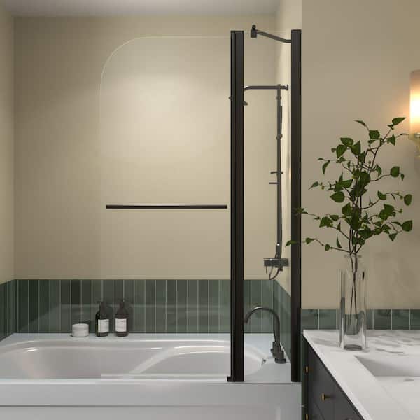 Xspracer Ashen 34 in. W x 58 in. H Pivot Tub Door in Black with Clear Glass